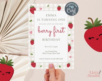 Berry First Strawberry Geburtstag Einladung, Herzen, erster Geburtstag, bearbeitbar & druckbar, Digital, Corjl Vorlage