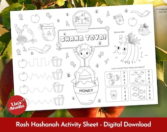Rosh Hashanah Färbung Tischset, Kinder Aktivität Blatt, Shana Tova Party Dekor, jüdischen Feiertag druckbar