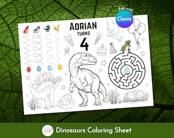 Dinosaurier-Malvorlage, Geburtstags-Kinderaktivitäts-Tischset, Dinosaurier-Dekorseite, bearbeitbare Canva-Vorlage