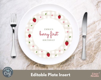 Erdbeere Ladegerät Teller Einsatz, Berry Erster Geburtstag, Bearbeitbare DIY Erdbeer Party Dekorationen, Sofort Download, Corjl Vorlage