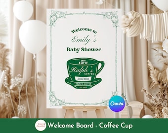 Kaffeetasse-Willkommensschild, grünes Babypartybrett, alte Geld-inspirierte Party, bearbeitbare Canva-Vorlage