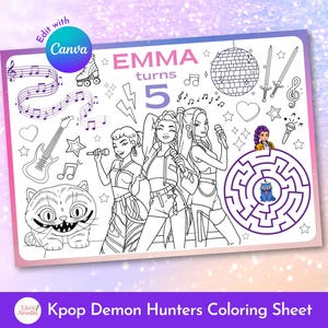 Könnte beinhalten: Ein Schwarz-Weiß-Malbogen mit Illustrationen von drei Sängerinnen, Noten und dem Text "EMMA turns 5". Enthält ein Labyrinth, eine Katze und andere Zeichnungen. Die Worte "Kpop Demon Hunters Coloring Sheet" stehen unten.