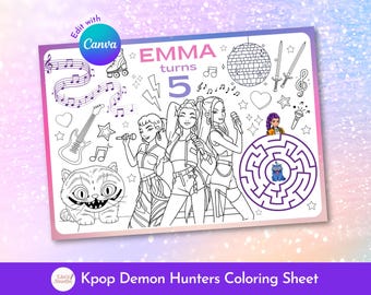 Kpop Dämonenjäger Malseite, Huntrix Tischset, Kindergeburtstag Aktivität, bearbeitbare Canva Vorlage