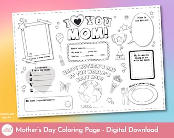 Muttertag druckbare Malseite, alles über Mama Ausfüllvorlage, Muttertagsgeschenk, Aktivität für Kinder, DIY Kinder Basteln, digitaler Download