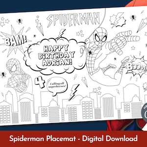 Spiderman Coloring Placemat, Comic Birthday, Kids Activity Sheet, Any Age Birthday Coloring Page, Printable & Editable