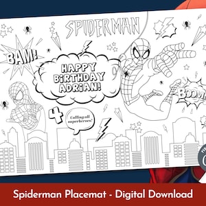 Op de afbeelding: Een zwart-witte printbare Spiderman-placemat met een superheldenthema. De placemat heeft een cartoon Spiderman, een verjaardagsslogan die zegt "Happy Birthday Adrian!" en de tekst "Calling all superheroes!"