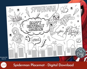 Spiderman Färbung Tischset, Comic Geburtstag, Kinder Aktivität Blatt, Geburtstag Jedes Alter Geburtstag Malseite, Printable & bearbeitet werden