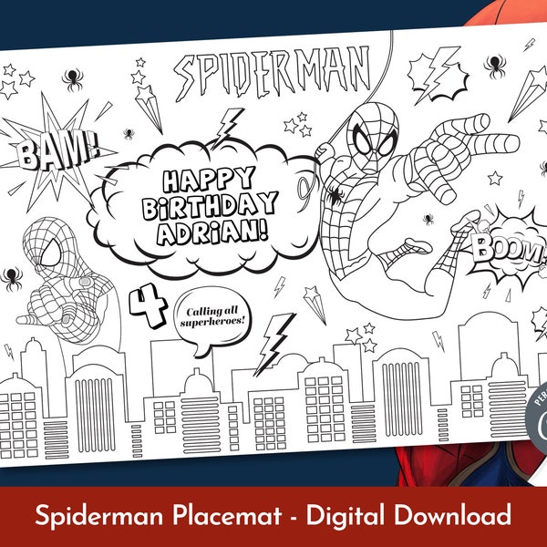 Spiderman Coloring Placemat, Comic Birthday, Kids Activity Sheet, Any Age Birthday Coloring Page, Printable & Editable