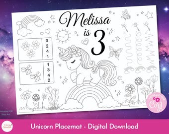 Einhorn-Geburtstags-Tischset, Schmetterling Kinderaktivitätsblatt, jedes Alter, Partydekor, bearbeitbares und druckbares PDF