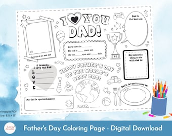 Druckbare Malseite zum Vatertag, Alles über Papa Ausfüllvorlage, Vatertagsgeschenk, Aktivität für Kinder, DIY Kinder Basteln