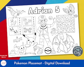 Pokemon Malvorlage, Geburtstagsparty Tischset, Kinder Aktivität, personalisiert, jeden Alter, druckbare digitaler Download