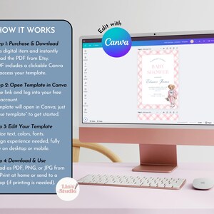 May include: A computer monitor displays a baby shower invitation template with a pink gingham pattern and a teddy bear illustration. The screen shows the Canva editing interface. Instructions on how to download and edit the template are on the left.