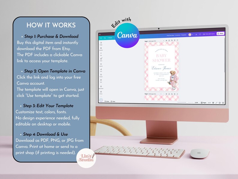 May include: A computer monitor displays a baby shower invitation template with a pink gingham pattern and a teddy bear illustration. The screen shows the Canva editing interface. Instructions on how to download and edit the template are on the left.