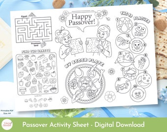 Pessach Aktivität Blatt, Pessach Färbung Seite, Seder Platte Tischset, Kinder jüdische Feiertagsaktivitäten, digital druckbare Download