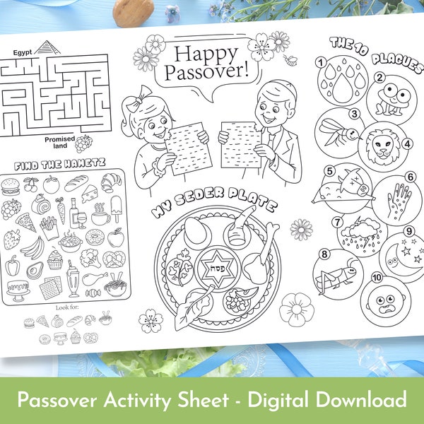 Passover Activity Sheet, Pesach Coloring Page, Seder Plate Placemat, Kids Jewish Holiday Activities, Digital Printable Download