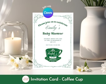 Kaffeetasse-Einladungskarte, grüne Babyparty-Einladung, altes Geld-Vintage inspirierte Party, bearbeitbare Canva-Vorlage