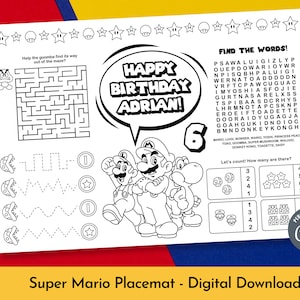 Super Mario Coloring Placemat, Birthday Activity Sheet, Kids Coloring Page, Editable & Printable, Digital File