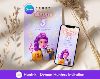 Huntrix Digitale Einladungskarte, Dämonenjäger Telefon einladen, Kpop Geburtstag, bearbeitbar in Canva