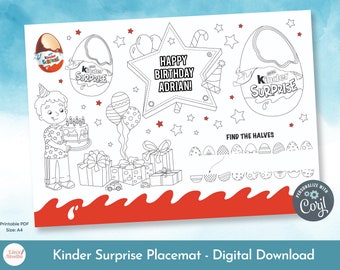 Bearbeitbares Kinder Überraschungs-Tischset, Aktivitätsblatt, Geburtstagsfeier, jedes Alter, Malblatt, Schokoladenparty, Digitaldruck