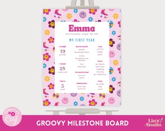 Groovy Birthday Milestone Board, Two Groovy, Retro, Smiley, Skates, Flower, Instant Download, Editable Template