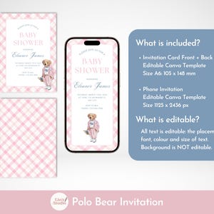 May include: Baby shower invitation featuring a watercolor illustration of a teddy bear in a pink outfit. The invitation includes a phone mockup and a matching plaid pattern. The text reads "Baby Shower" and includes editable details.