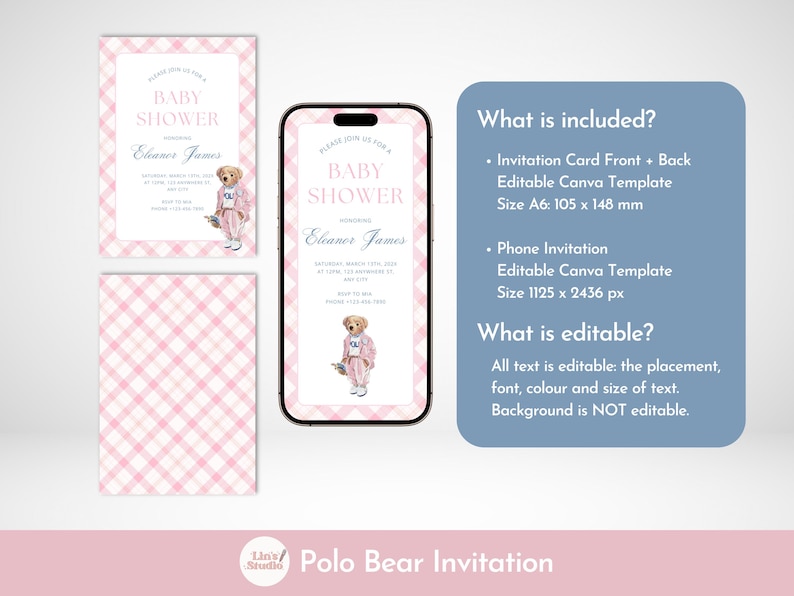 May include: Baby shower invitation featuring a watercolor illustration of a teddy bear in a pink outfit. The invitation includes a phone mockup and a matching plaid pattern. The text reads "Baby Shower" and includes editable details.