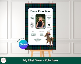 Polo Bear Geburtstag, mein erstes Jahr, Babyparty, erste Geburtstagsfeier, Tartan Hintergrund, bearbeitbare Leinwand
