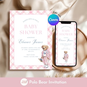 May include: A baby shower invitation with a pink gingham pattern and the text "Baby Shower" and "Eleanor James". A smartphone displays the same invitation. A watercolor illustration of a teddy bear in a pink outfit is included.
