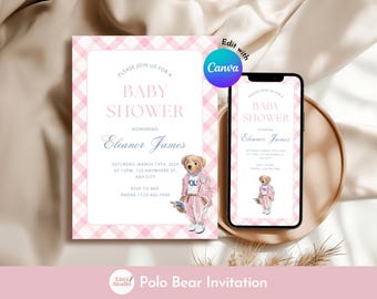 Pink Polo Teddybär-Einladung, von Ralph Lauren inspirierte Karte, digitales Telefon-Einladung - bearbeitbare Canva-Vorlage