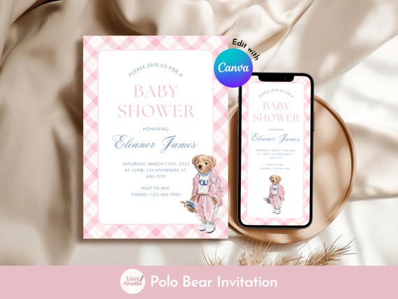 Pink Polo Teddy Bear Invitation, Ralph Lauren Inspired Card, Digital Phone Invitation - Editable Canva Template