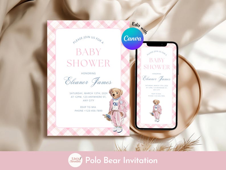 May include: A baby shower invitation with a pink gingham pattern and the text "Baby Shower" and "Eleanor James". A smartphone displays the same invitation. A watercolor illustration of a teddy bear in a pink outfit is included.