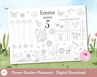 Blumengarten-Tischset, Schmetterling und Hase Kinderaktivitätsblatt, verzauberte Geburtstagsdekoration, bearbeitbar und druckbar