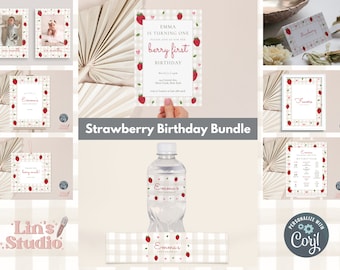 Erdbeer-Geburtstags-Party-Bundle, Beere Erster Geburtstag, ANY AGE Geburtstagspaket, bearbeitbare Corjl-Vorlage, Sofortiger Download