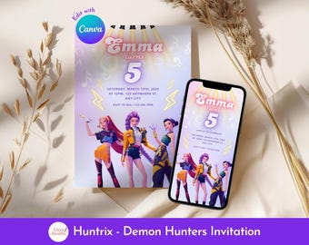 Huntrix Digitale Einladungskarte, Dämonenjäger Telefon einladen, Kpop Geburtstag, bearbeitbar in Canva