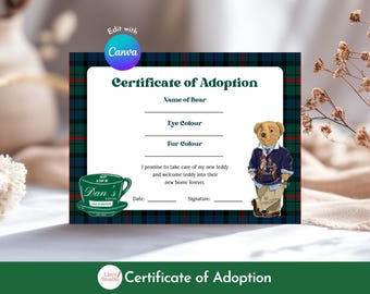 Teddybär-Adoptionsurkunde, Build-A-Bear-Schild, grüne Kaffeetasse - Polobär-inspirierte Babyparty, Geburtstag, bearbeitbare Canva-Vorlage