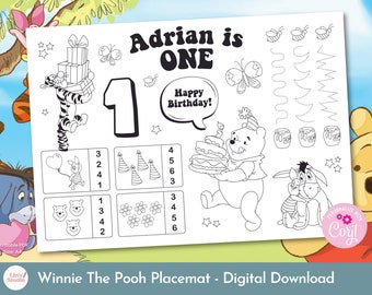 Winnie The Pooh Geburtstags-Tischset, Babyshower-Aktivitäten für Kinder jeden Alters, bearbeitbarer digitaler Download