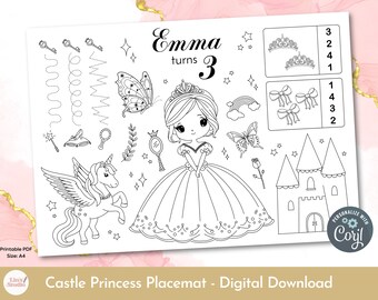 Schlossprinzessin Färbung Tischset, Geburtstagsparty Aktivität Blatt für Kinder jeden Alters, bearbeitbare druckbare digitale Datei