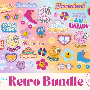 Retro SVG Bundel, Groovy Designs, Cricut, Boho Inspirerende Quotes, Vrede, Bloem, Smiley - 100 SVG ontwerpen in hoge kwaliteit