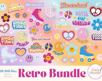 Retro SVG Bundle, Groovy Designs, Cricut, Boho Inspirational Quotes, Peace, Flower, Smiley - 100 SVG designs in High Quality