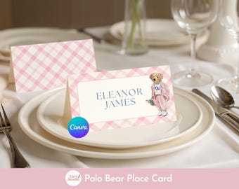 Pink Polo Bear Tischkarte, Ralph Lauren inspiriert Babyparty Namensschild, bearbeitbare Canva Vorlage