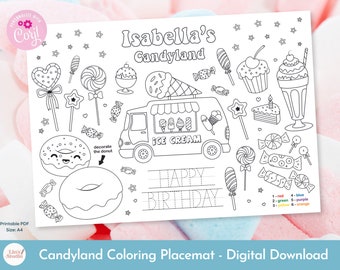 Bearbeitbares Candyland Färbung Tischset, Geburtstag Aktivität Blatt, Kinder Malseite, druckbare digitale Datei