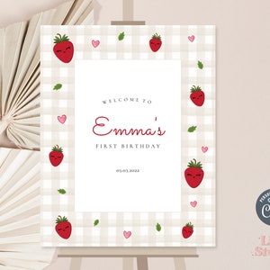 Strawberry Birthday Welcome Sign, Berry First Birthday Board, ANY AGE, Editable Corjl Template, Instant Download