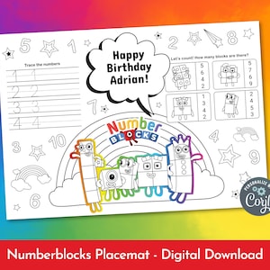 May include: A black and white printable Numberblocks placemat featuring a birthday message, number tracing, and counting activities. The placemat includes a rainbow, stars, and characters from the Numberblocks show.