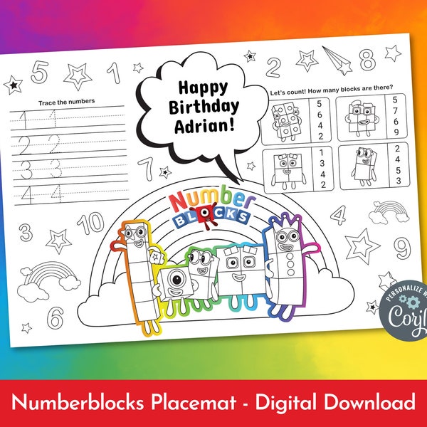 Numberblocks Placemat, Activity & Coloring Sheet, Kids Party Activity, Personalized Birthday Decor, Editable and Printable