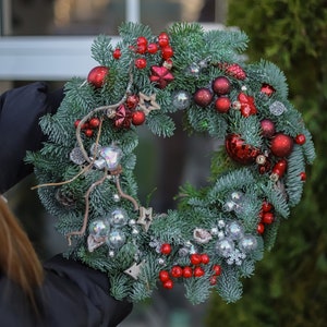 Natural Fir Christmas Wreath with Red Accents
