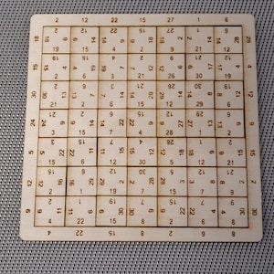 Può includere: Un tabellone di legno con una griglia di numeri da 1 a 30. I numeri sono disposti in modo casuale. Questo tabellone è probabilmente utilizzato per un gioco o un puzzle.