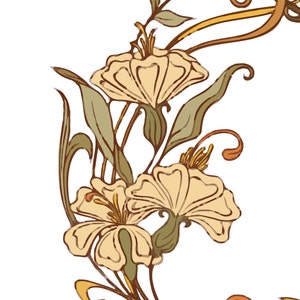 May include: A stylized illustration of a floral arrangement with yellow flowers and brown stems. The flowers have a delicate, art nouveau style.