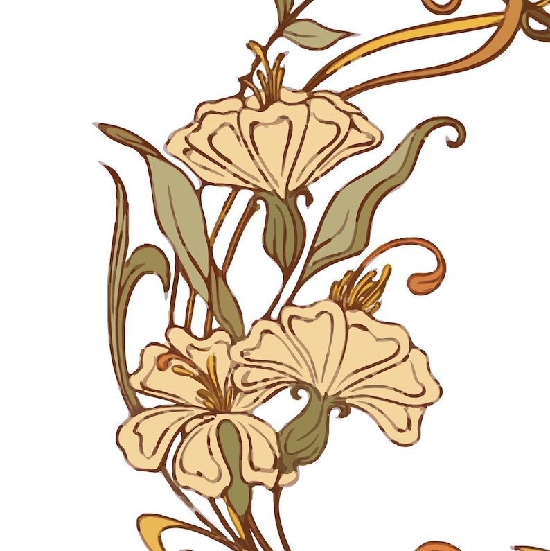 May include: A stylized illustration of a floral arrangement with yellow flowers and brown stems. The flowers have a delicate, art nouveau style.