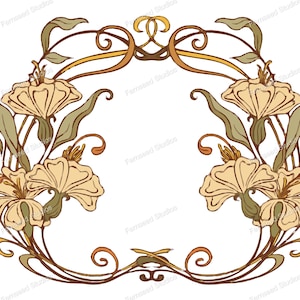 May include: A decorative frame with a floral design. The frame is made of swirling vines and leaves with stylized flowers in shades of brown, yellow, and green.