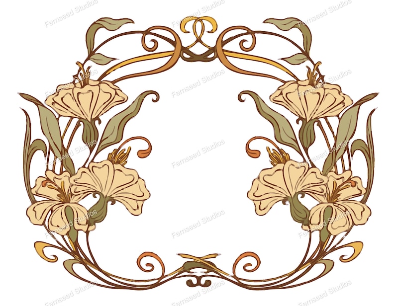 May include: A decorative frame with a floral design. The frame is made of swirling vines and leaves with stylized flowers in shades of brown, yellow, and green.